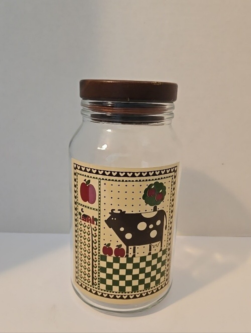 Vintage 1981 Cow Canister Rodger Johnson Glass Jar Wood Lid Farm Folk Art